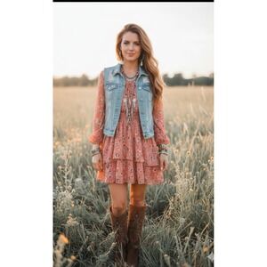 Kori America Coral Floral Tiered Ruffle Mini Dress Boho Smocked Waist Large